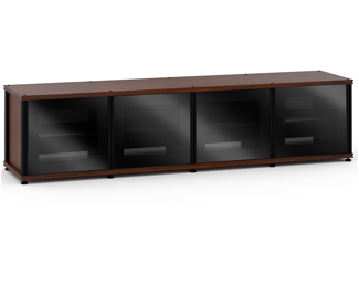 Synergy Solution 247, Quad-Width AV Cabinet, Dark Walnut with Black Glass and Aluminum Posts